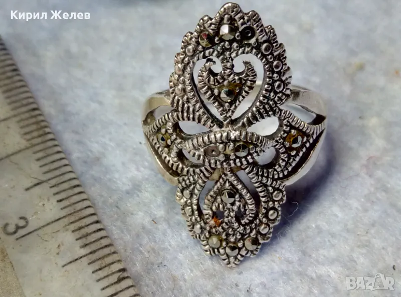 РАЗКОШЕН АЖУРЕН СКЪПОЦЕНЕН СРЕБЪРЕН ПРЪСТЕН СРЕБРО 925 ИНКРУСТИРАН с ФАСЕТИРАНИ МАРКАЗИТИ 49113, снимка 1