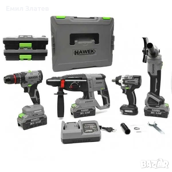 Комплект от акумулаторен перфоратор, ъглошлайф 125 мм, гайковерт и винтоверт 36V с 3 броя батерии 5A, снимка 1