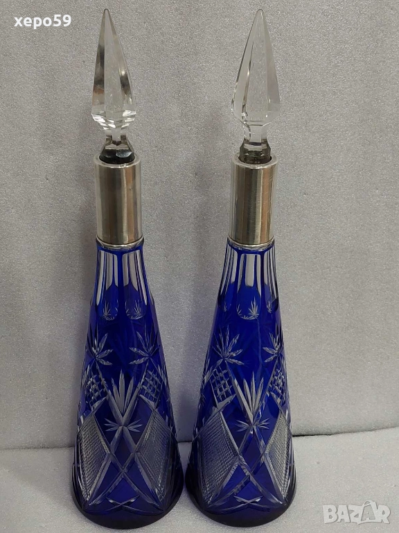  Прекрасни кристални бутилки за ликьор със сребърни гривни''Бохемия кристал-1900 год.сребро 800, снимка 1