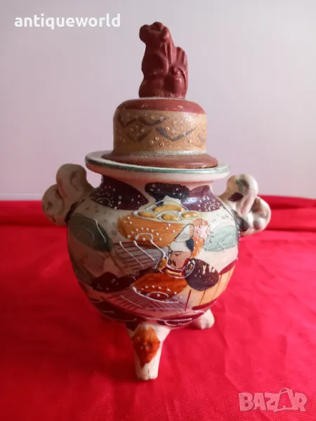 Стар Японски Керамичен Съд с Капак, Ръчно Рисуван!, снимка 1