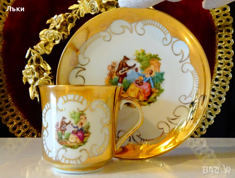 Чаша с чиния италиански порцелан,злато,картина. , снимка 1