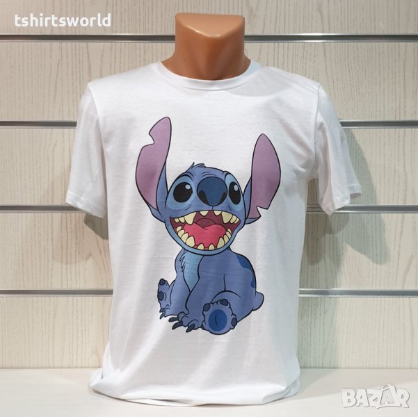 Нова бяла мъжка тениска с дигитален печат Стич (Stitch), снимка 1
