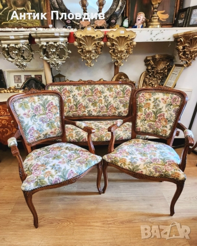 Антикварна гарнитура – диван с две кресла, жакард, снимка 5 - Дивани и мека мебел - 52849491