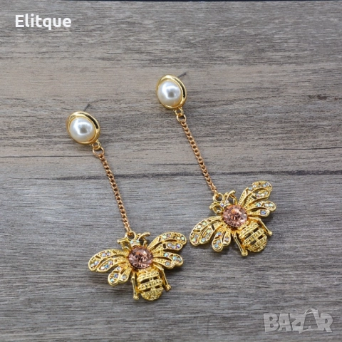 Златни обеци с висулка пчела А206, снимка 2 - Обеци - 52813015