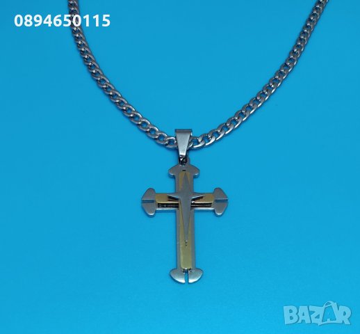 Солиден ланец с кръст сребърен, стомана цвят сребро и златен , снимка 4 - Колиета, медальони, синджири - 36013090
