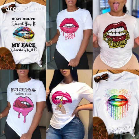 Дамска тениска с графичен принт на устни за свободното време, 7цвята 