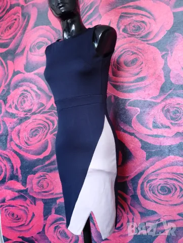 Тъмно синя офис рокля с бледо розово С, снимка 3 - Рокли - 48620679