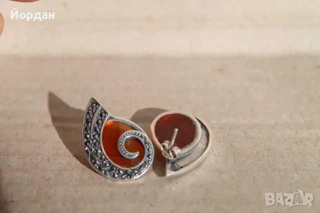 Дамски сребърни обеци с камъни маркезити и карнеол, снимка 12 - Обеци - 48425766
