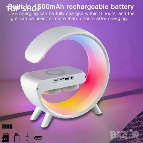 Настолна лампа YumCute с безжично зарядно устройство, Bluetooth високоговорител, G11 околна светлина, снимка 5 - Настолни лампи - 49965430
