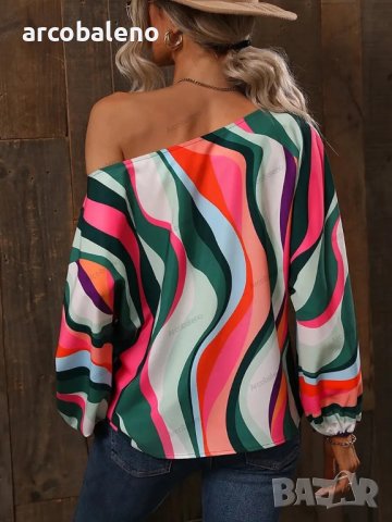 Дамска риза с щампа и свободни рамена с балонени ръкави, 7цвята, снимка 9 - Ризи - 41003643