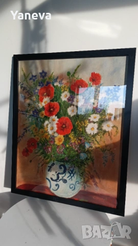 Картина "Полски цветя" , маслени бои върху платно  в рамка , подписана Стоилов. , снимка 3 - Картини - 53739650