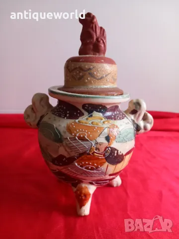 Стар Японски Керамичен Съд с Капак, Ръчно Рисуван!