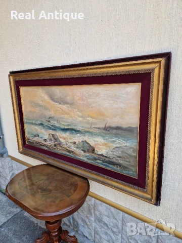 Маринизъм авторска масло платно картина голяма , снимка 7 - Антикварни и старинни предмети - 51179438