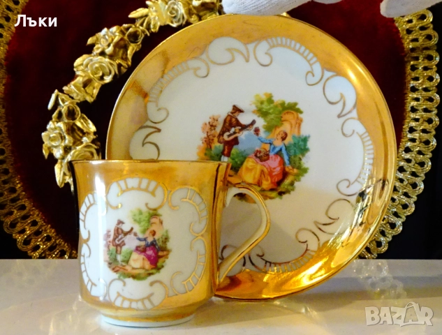 Чаша с чиния италиански порцелан,злато,картина. 