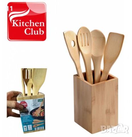 Екологичен комплект бамбукови кухненски прибори с поставка, снимка 4 - Аксесоари за кухня - 53451472