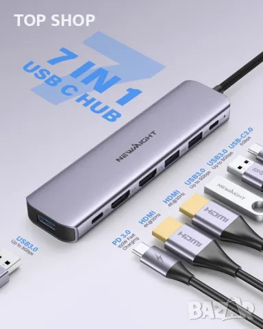 USB C към HDMI адаптер, Newmight 7 в 1 USB C докинг станция с 2 HDMI, 3 USB3.0, 100 W PD, USB C 3.0, снимка 8 - Друга електроника - 49457613