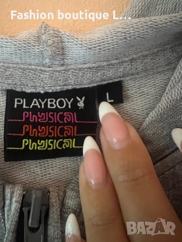 Сив дамски суитшърт с качулка и джобове L размер 100% памук на марката PlayBoy 🩶, снимка 2 - Суичъри - 52210731
