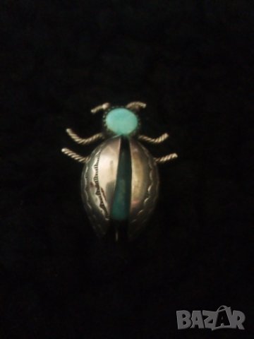  Стара сребърна брошка бръмбар с тюркоаз масивна уникат, снимка 4 - Колиета, медальони, синджири - 33954703