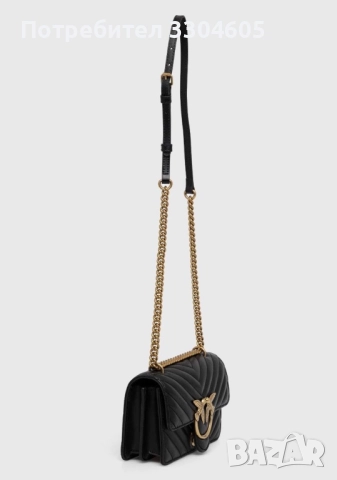 PINKO Черна Кожена Чанта За През Рамо Love One, снимка 4 - Чанти - 52957422