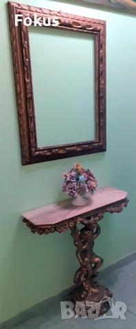 Страхотен бароков комплект дървена конзолна масичка с рамка