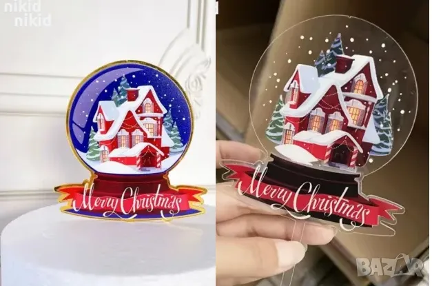 Коледна зимна къща топка преспапие пластмасов акрил Коледен топер украса за торта Нова Година Коледа