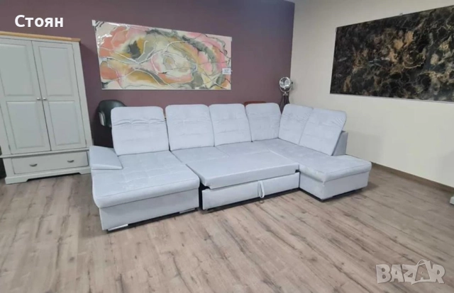 Сиво син П образен ъглов диван от плат Nigrum с функция сън, снимка 9 - Дивани и мека мебел - 52125490