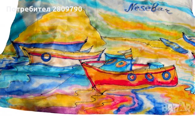 Оригинален копринен шал с градски мотиви на червена лодка в пристанището на Несебър / Original Scarf, снимка 8 - Шалове - 34758777