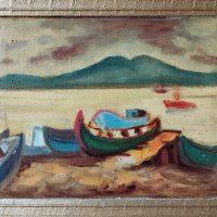 Стара картина, пейзаж, море, лодки,Борис Краев, 1970-те год., снимка 1 - Картини - 31273942