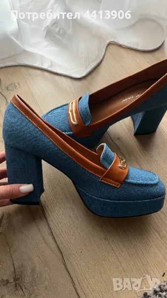 Дамски обувки на ток с деним и кафяви акценти, снимка 1
