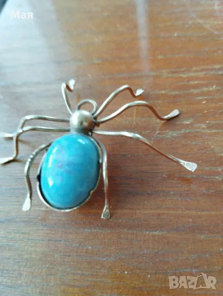 Винтидж брошка с насекомо паяк с игла от стерлингово сребро и тюркоаз от Navajo , снимка 1