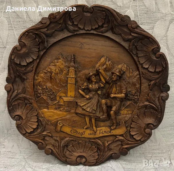 Ретро стенна чиния, дърворезба, снимка 1