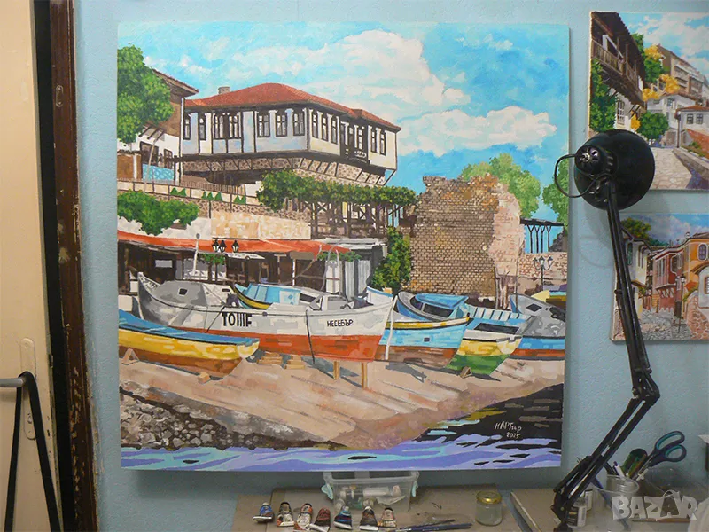 Пейзаж от Несебър. Голяма маслена картина. Худ. мАРТгер ., снимка 1