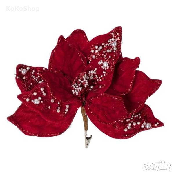 Червено цвете за коледна украса-24 см./Коледна звезда на клипс, снимка 1