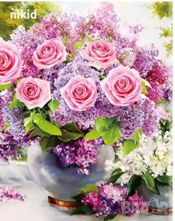 5D гоблен Рози и люляк цветя диамантен гоблен картина мозайка за направа схема с камъчета, снимка 1