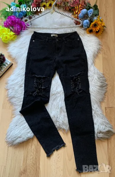 Черни дънки с връзки, снимка 1