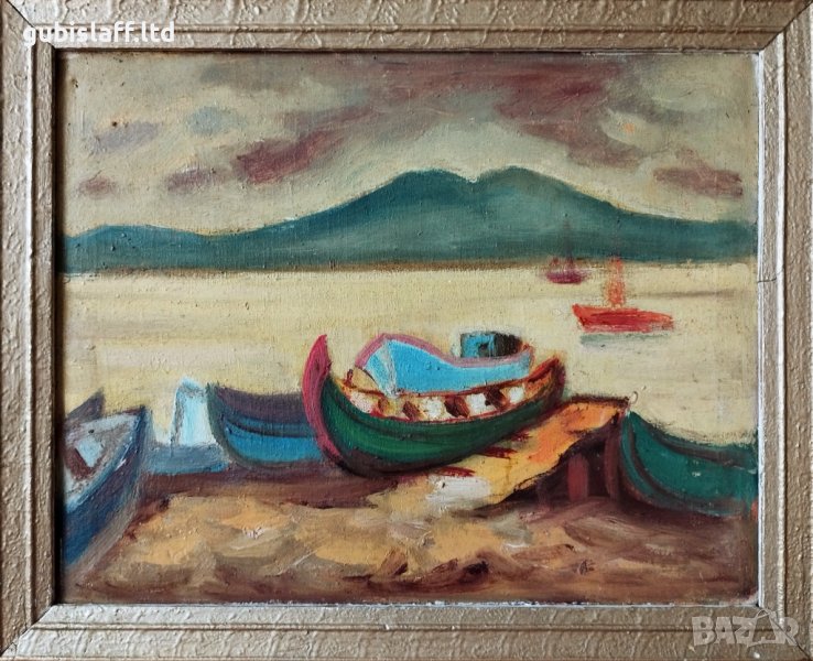 Стара картина, пейзаж, море, лодки,Борис Краев, 1970-те год., снимка 1