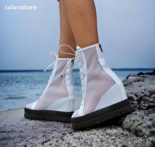 Летни боти на платформа - бели с черно ходило - BL600, снимка 1