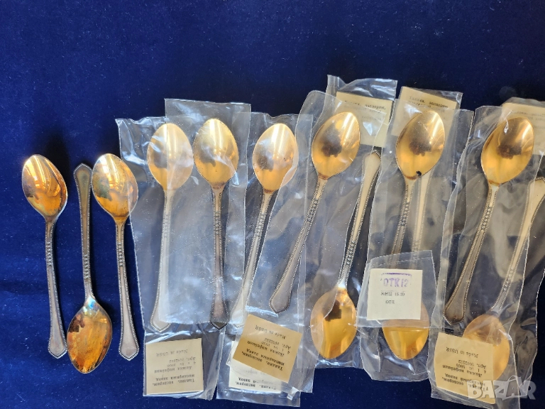 лъжички -12 бр. и вилички -6 бр. позлатени/посребрени мелхиор + лопатки за торта - 4 бр., други,СССР, снимка 1