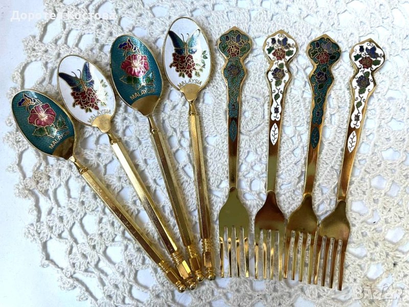 Красиви лъжички и вилички с цветя и пеперуди, закупени от Англия, 8 броя, снимка 1