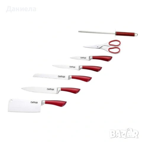 Комплект ножове 8 части със стойка Cheffinger – неръждаема стомана, въртяща се акрилна поставка 360°, снимка 12 - Аксесоари за кухня - 53437043