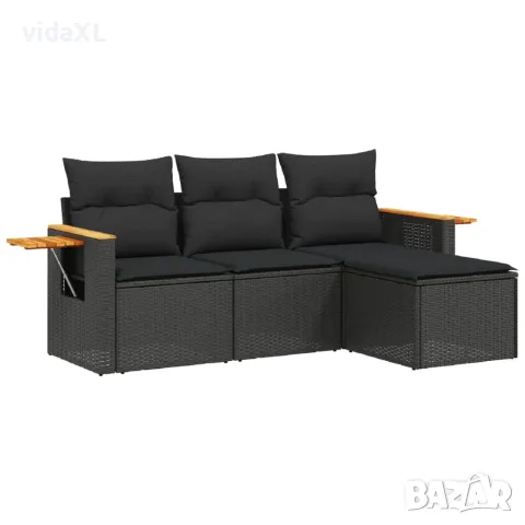 vidaXL Градински диван от 4 части с възглавници, черен, полиратан（SKU: 3226741）