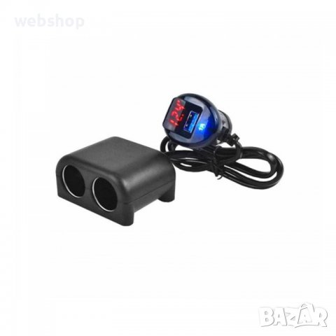 Автомобилен разклонител за запалка(ж) с 2 гнезда , ВОЛТМЕТЪР , 1xUSB, 10A, 12VDC, 24VDC, 0,75m, снимка 1