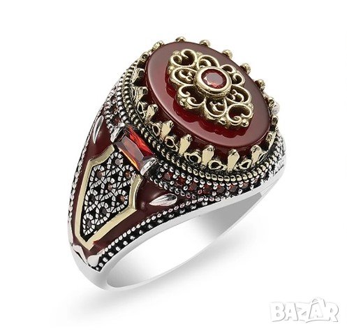Пръстен с ахат и рубини, позлатен, снимка 2 - Пръстени - 42651235