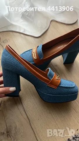 Дамски обувки на ток с деним и кафяви акценти, снимка 1