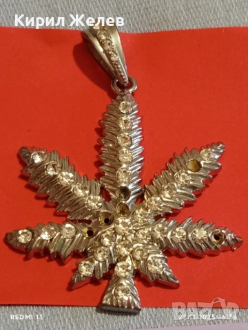 СРЕБРИСТ МЕДАЛЬОН ЛИСТА от МАРИХУАНА с КРИСТАЛИ 16415, снимка 5 - Колиета, медальони, синджири - 52503803