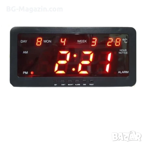 Голям дигитален настолен часовник с термометър аларма стенен на ток температура дата светещ на ток, снимка 6 - Други - 51038174