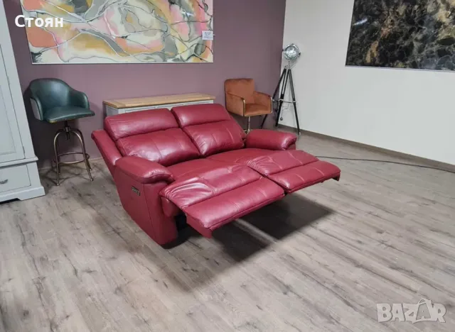 Червен кожен диван двойка с електрически релаксиращ механизъм, снимка 2 - Дивани и мека мебел - 50059015