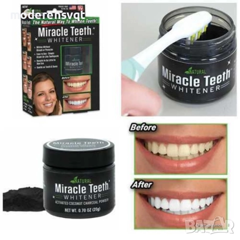 Кокосов въглен за избелване на зъби Miracle Teeth, Natural, 20 грама, снимка 3 - Други - 51454316
