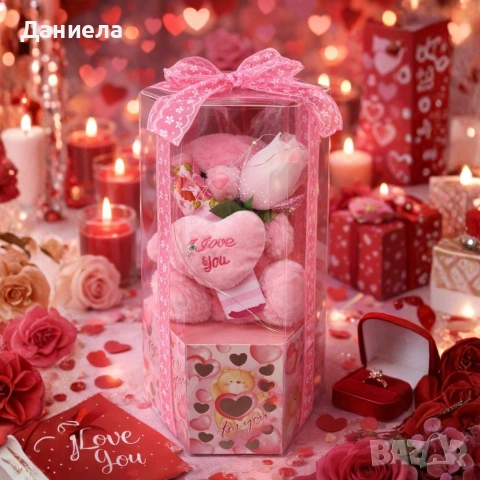 Подаръчен комплект с плюшено мече и надпис „Love you“ в прозрачна кутия, снимка 4 - Други стоки за дома - 53049105