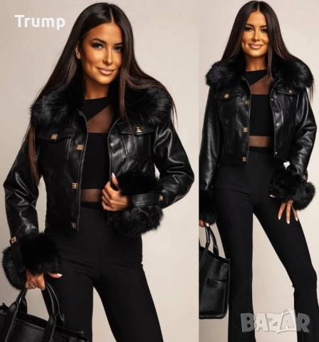 Хит! Стилно дамско яке, еко кожа , цвят черен черен пух,, снимка 3 - Якета - 52174094